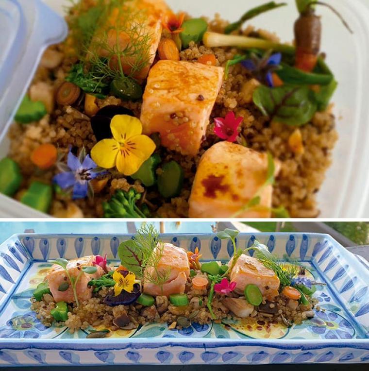 TACOS DE SALMÓN sobre quinoa roja y blanca, tallos de midi, portobellos y vinagreta de frutos secos.