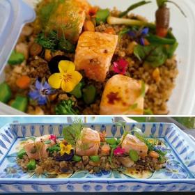 TACOS DE SALMÓN sobre quinoa roja y blanca, tallos de midi, portobellos y vinagreta de frutos secos.